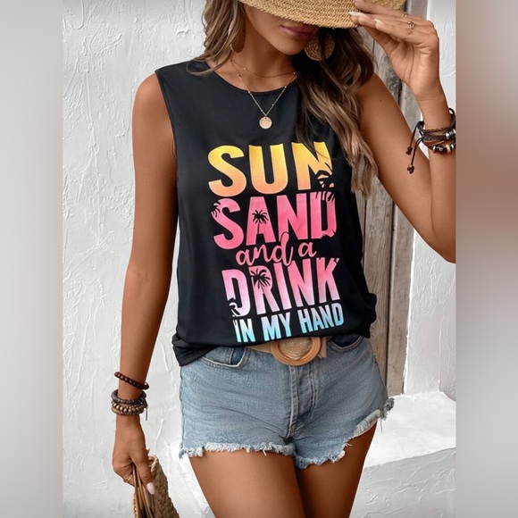Tops - 🆕 Sun Sand and a Drink In My Hand Black Graphic Tank Top